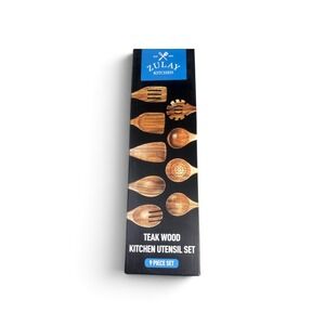 Zulay Kitchen Teak Wood Kitchen Utensil Set 9 Piece Natural Brown Wood